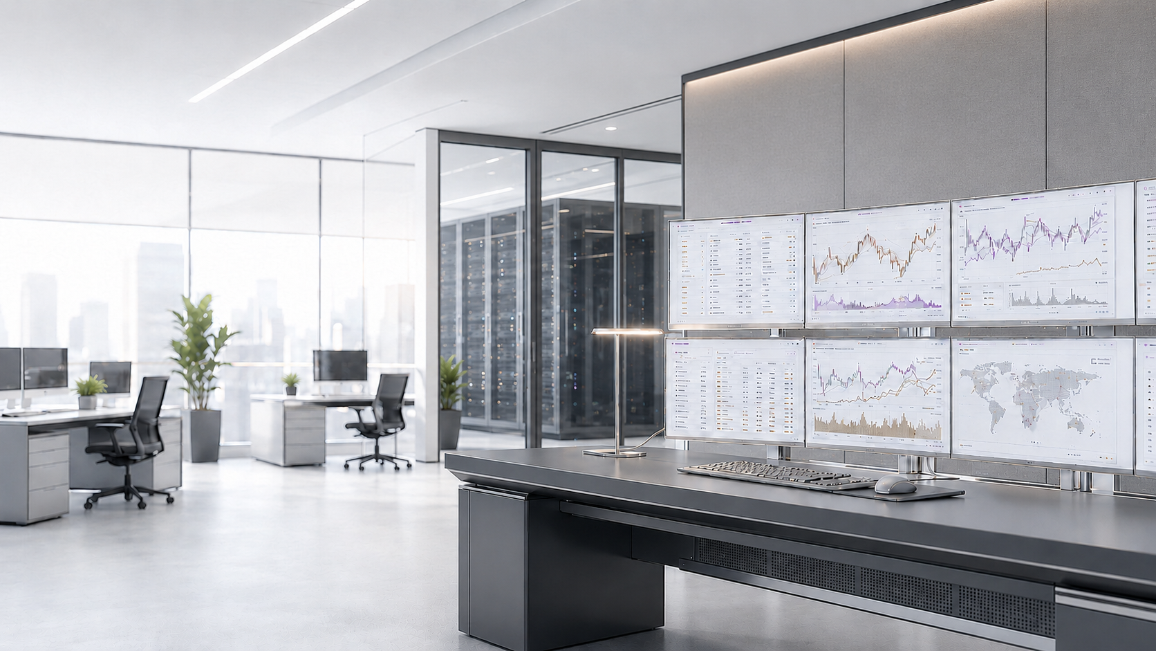 Modern brokerage FinTech infrastructure with trading systems and secure server connectivity